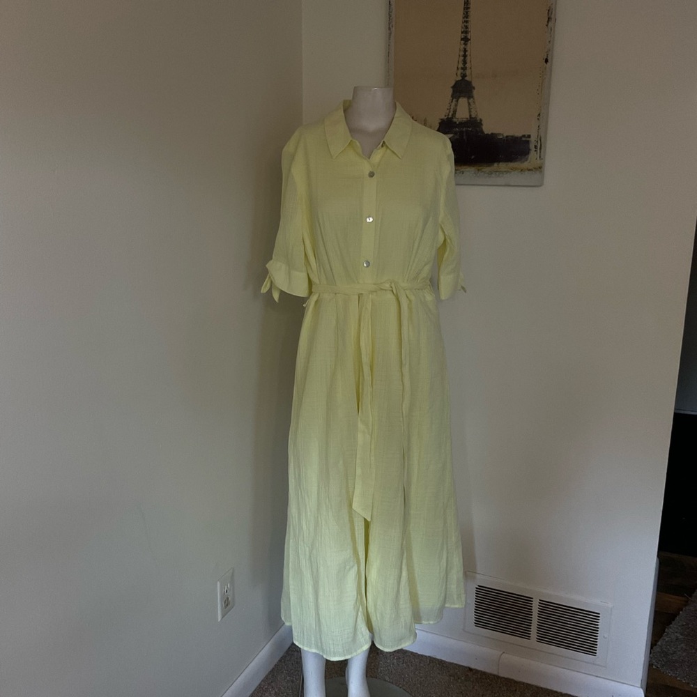 Light Yellow Button-Front Shirt Dress with Waist Tie